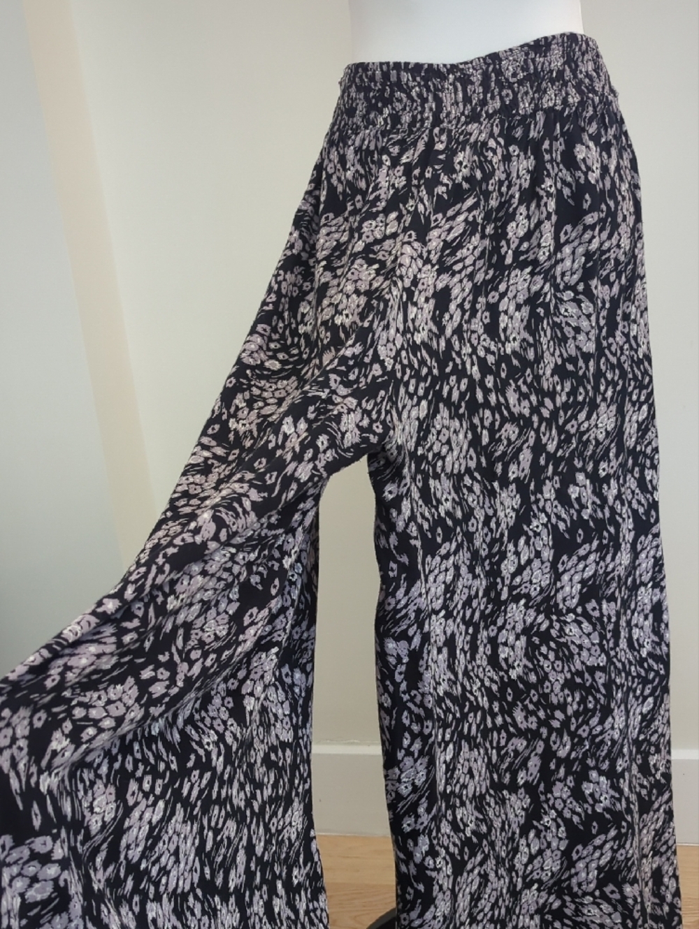 Fire Los Angeles Black High Waisted Palazzo Pants with Lavender Floral Print